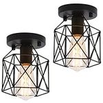 STRYAO Semi Flush Mount Ceiling Light, E26/E27 Base Black Industrial Metal Cage Light Fixtures Ceiling for Farmhouse Kitchen Bedroom Hallway Garage Porch, Black (2 Pack)