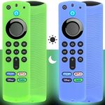 [2 Pack] Pinowu Firestick Remote Cover Case (Glow in the Dark) Compatible with Alexa Voice Remote 3rd Gen, Anti Slip Sleeve with Lanyard Suitable for Fire TV Stick 4K Remote (Green & Blue)