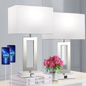 22'' Lamps for Bedrooms Set of 2, Touch Control Table Lamps with 2 USB Ports, 3-Way Dimmable Bedside Nightstand Lamps, Brushed Nickel &White Lamp for End Table Living Room Modern Contemporary