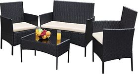 DEVOKO 4 Pieces Patio Porch Furniture Sets HDPE Rattan Wicker Chairs with Table Outdoor Garden Patio Furniture Sets (Black & Cream)