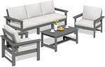 SERWALL HDPE Patio Conversation Set, 6-Piece Sectional Outdoor Furniture Set, All Weather Outdoor Couch Set Patio Furniture Set for Deck, Lawn, Grey Frame with Khaki Cushion