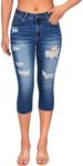 roswear Women's Capri Jeans Ripped Stretch Denim Capris Mid Rise Skinny Cropped Pants, Blue, Medium