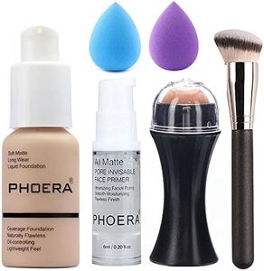 6PCS Liquid Foundation Set Matte PHOERA Liquid Full Coverage Foundation with Face Primer Volcanic Stone Oil Rollers Foundation Brush Makeup Sponge Makeup Set (#102)