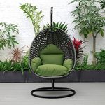 Universal Furniture Rattan Single Seater Hammock Swing Chair Jhula With Stand And Cushion Ideal For Patio Balcony Garden Terrace And Living Room Powder Coated Iron Framing-(Black & Olive Green)