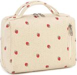 Bluboon Makeup Bag Zipper Pouch Travel Portable Cosmetic Bag Organizer for Women and Girls, Beige Strawberry Corduroy, Strawberry Corduroy Beige Cosmetic Bag