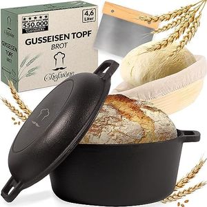 Chefarone Cast Iron Pot 2-in-1 with Proofing Basket and Dough Scraper. Bread Baking Mould with Lid, 4.6 Litres, Roasting Dish with Lid, Oven Safe, Cast Iron Pot, Bread Baking at Home, Cast Iron Pan