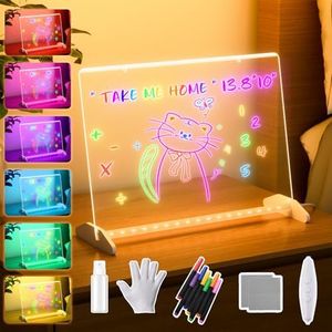 Led Note Board with Colors, 13.8"X10" 4 Modes & 7 Colors Led Acrylic Message Board, Light up Acrylic Dry Erase Board, Led Drawing Board with Stand, Adapter, Hanging Chain, 7 Markers, Spray Bottle