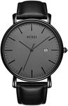 BUREI Men's Fashion Minimalist Wrist Watch Analog Date with Leather Strap (Dark Grey)