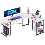 ODK Corner Desk with Storage, L Shaped Desk with Hook, Computer Gaming Desk with Monitor Stand, White 148×120 cm