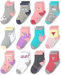 CozyWay Non-Slip Crew Grip Toddler Socks, 12 Pack for Girls, Rainbow/Heart/Animals, 3-5 Years Old