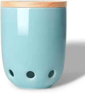 LEETOYI Ceramic Garlic Keeper for Counter, Garlic Holder with Wood Lid, Garlic Container for Kitchen, Garlic Saver to Keep Your Garlic Cloves Fresh Longer (Turquoise)