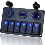 6 Gang Rocker Switch Panel, EilxMag Blue Marine Switch Panel Waterproof with 12V/24V Dual USB Slot Socket Voltmeter Power Socket for Car Marine Boat Truck