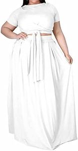 Womens Plus Size 2 Piece Outfits Short Sleeve Solid Color Bandage Wrap Crop Tops and Skirt Sets White XX-Large