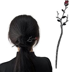 Gun Black Hair Chopsticks,Red Rose Metal Hairpin Flower Hair Sticks for Bun Hair Accessories for Women Girls One Size