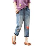 Womens Ripped Denim Pants Vintage Floral Embroidered Cropped Jeans Stretch Cotton Straight Leg Distressed Boyfriends Jeans Drawstring High Elasticated Waist Pull On Comfy Cropped Jeans with Pockets