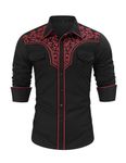 TURETRENDY Men's Western Cowboy Shirt Long Sleeve Cotton Embroidered Casual Button Down Work Shirt with Pockets, Black 3, XL