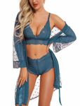 RSLOVE Women Sexy Lingerie Set 3 Piece Lace Kimono Robe with Bra and Panty Sheer Sleepwear Blue Green M