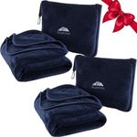 BlueHills Premium Soft 2-Pack Travel Blanket Pillows Airplane Large Plane Flight Throw Travel Blankets for Two in a Bag Compact Traveling Essentials Warm Travel Gifts Long Navy Blue T011