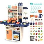 deAO Kitchen Playset Toy with Realistic Lights & Sounds, Kids Play Kitchen Set with Simulation of Spray Features, Pretend Role Play Toys with Lots of Kitchen Accessories Gift for Toddlers (Blue)