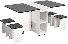 Folding Dining Table Set and Chairs Drop Leaf Rectangular Table with Wheels Modern Home Furniture Multifunctional Black