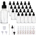 Comrzor 24 Pack 1oz Clear Glass Bottles with Glass Eye Droppers for Essential Oils, Perfumes & Lab Chemicals (Brush, Funnels, 2 Extra Droppers, 36 Pieces Labels & 30ml Measuring Cup Included)