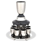 Elegant Display Kiddush Cup Wine Fountain Set - Hammered Metal with Enamel Detailing - Large Goblet, 8 Matching Shot Cups for Shabbat, Passover, Yom Tov, Wedding Gifts by Zion Judaica (Grey)