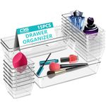 Clear Drawer Organiser Trays Set – Makeup Organiser Tray for Drawers – Versatile Makeup, Cosmetics, and Utensil Storage for Bedroom, Office, and Kitchen- Cutlery Set Divider In 4 Sizes (15 PCS)