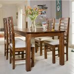 CUSTOM DECOR Solid Sheesham Wood Four Seater Dining Table Set with 4 White Colour Cushion Chairs for Dining Room Living Room Home (4 Seater, Seven-Line)