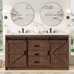 AMERLIFE 61" Farmhouse Double Bathroom Vanity with Sink Combo, Rustic Brown