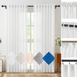 FMFUNCTEX Back Tab Semi-Sheer White Curtains for Living Room/Office/Sun Room, Not See Through Rich Linen Textured Window Treatment Set Rod Pocket/Pinch Pleated/Hooks 52”W by 96" L 1 Pair