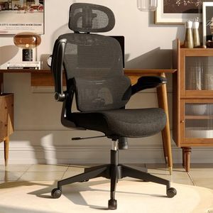 SUNNOW Ergonomic Mesh Office Chair, High Back Desk Chair with Adjustable Lumbar Support, Flip-Up Arm, Headrest, Swivel Rolling Wheel, Big and Tall Comfy Computer Gaming Task Chairs for Adults