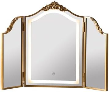 HSDDHOME Antique Gold Triple Fold Makeup Mirror with Tri-Color LED Lighting & Dimming, Baroque Carved Arch Vintage Vanity Mirror, Bohemian Decor for Bedroom/Dressing Room, 31x23 Inch