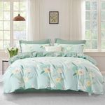 SAPHREAS White Flower Printed Duvet Cover Set 4pcs with Sheet Queen Size 100% Cotton Green Comforter Cover Set 1 Quilt Cover 2 Pillow Shams 1 Fitted Sheet