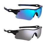 PC Star | Full Rim Sports Branded Latest and Stylish Sunglasses | Polarized Lens And 100% UV Protected | Men & Women | Medium | Black Frame/Blue And Silver Mercury Lens - Pack of 2