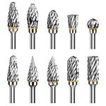 Hakkin 10Pcs Tungsten Carbide Steel Double Cut Rotary Burrs Set for Dremel Accessory 1/8" Shank Die Grinder Bits Rotary Tool Accessories for DIY Wood Carving, Metal Polishing, Engraving, Drilling