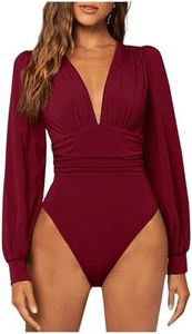GORGLITTER Women's Sexy Ruched Deep V Neck Long Sleeve Bodysuit Plunging Neckline Leotard Shirts Burgundy Medium