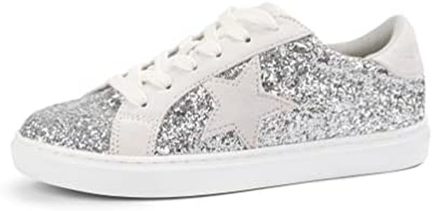 PARTY Women's Fashion Star Sneaker Lace Up Low Top Comfortable Cushioned Walking Shoes, Silver Glitter Suede, 9