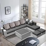 FURNY Erra 8 Seater Fabric RHS L Shape Sofa Set with 1 Centre Table & 2 Puffy (Dark Grey-Light Grey)