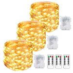 [Timer] 3 Packs Outdoor Fairy Lights Battery Powered, 33ft 100LED Battery String Light with Remote, 8 Modes, Waterproof Copper Wire Twinkle Light for Garden Wedding Tree Party Xmas Decor (Warm White)