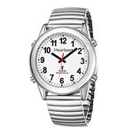 Hearkent Atomic American English Talking Watch Speaks Clear and Loud Time, Date and Alarm time Stretch Band is Best Gift for Senior,Visually impaired, or Blind People, silver, TALKING