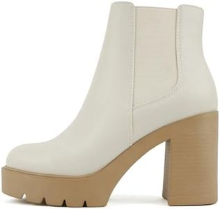 Soda EDITOR ~ Women Lug Sole High Heel Chelsea Fashion Ankle Boot w/Double Elastic Gore, Off White/Nude, 6