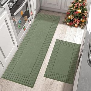 BEQHAUSE Kitchen Rugs Washable Kitchen Mats Floor Non-Slip Kitchen Mats Absorbent Kitchen Runner with TPR Non Skid Backing,Set of 2(60X89cm+60X152cm,Green)