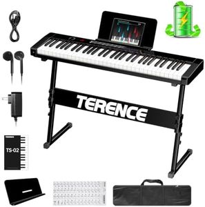 TERENCE TS02-Pro Keyboard Piano with Stand,61 keys Semi-Weighted Keyboard with 1800mAh Battery & LCD Display,Support MIDI,USB,Bluetooth,Sheet Music Stand,Sticker and Earphones,Black