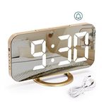 Digital Alarm Clock, Alarm Clocks Bedside, Non Ticking Alarm Clock, Alarm Clock with Dimmable LED Display, Digital Mirror Alarm, Snooze, 3 Dimmer Modes, USB Alarm Clock for Home Bedroom Decore-Gold