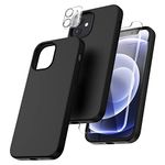 TOCOL [5 in 1] Designed for iPhone 12 Case & iPhone 12 Pro Case, with 2 Pack Screen Protector + 2 Pack Camera Lens Protector, Silicone Shockproof Cover [Anti-Scratch] [Drop Protection], Space Black