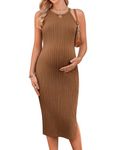 Ekouaer Maternity Dress Rib Knit Side Slit Stretchy Bodycon Halter Neck Sleeveless Pregnancy Dress Brown XX-Large