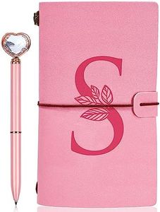 JEWPHX Personalized Journal Gift-Pink Initial Leather Journal+Heart Diamond Pen Set,Travel Notebook Diary Gifts,Refillable Notepads,Christmas,Birthday Gifts for Women Girls (7.9"x4.7") (S)