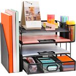 Desk Organizer with File Holder, 4-Tier Letter Paper Tray Organizer with Drawer & 2 Pen Holders, Desk Organizers and Accessories, Mesh Desktop File Organizer and Storage for Office Supplies