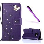 LEECOCO Galaxy S6 Case Embossed with Card Slots Magnetic Flip Stand PU Leather Wallet Case for Samsung Galaxy S6 Dark Purple Bling Butterfly