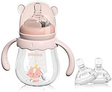 POTATO Glass Baby Bottles, Anti-Colic Breastfeeding Bottles with Medium Flow Nipple, Suitable for Babies 3-6 Months, 2 Replaceable Nipples, 6 oz, Pink